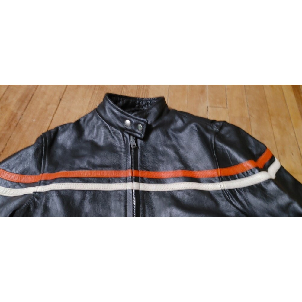 Vintage Y2K Men's Black Striped Heavy Duty Leather Rider Jacket Size Large - Picture 3 of 9